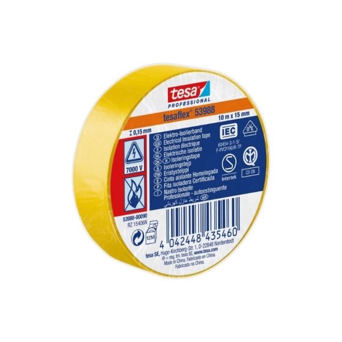 Cinta profesional eléctrica amarilla 15mm x 10 metros, para marcación y aislación eléctrica, disponible en Fullcintas Chile.