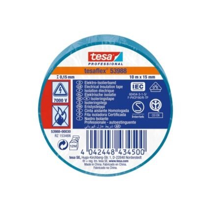 Cinta profesional eléctrica azul 15mm x 10 metros, para trabajos eléctricos y marcación, disponible en Fullcintas Chile.