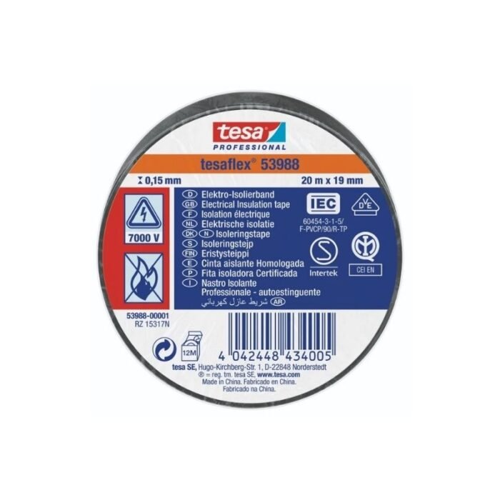 Cinta profesional eléctrica negra 19mm x 20 metros, para aislación y protección eléctrica, disponible en Fullcintas Chile.
