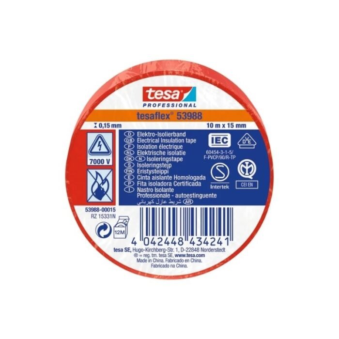 Cinta profesional eléctrica roja 15mm x 10 metros, para identificación y aislación eléctrica, disponible en Fullcintas Chile.