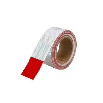 Cinta reflectante blanca y roja 50mm x 25 metros, ideal para señalización de zonas de riesgo, disponible en Fullcintas Chile.