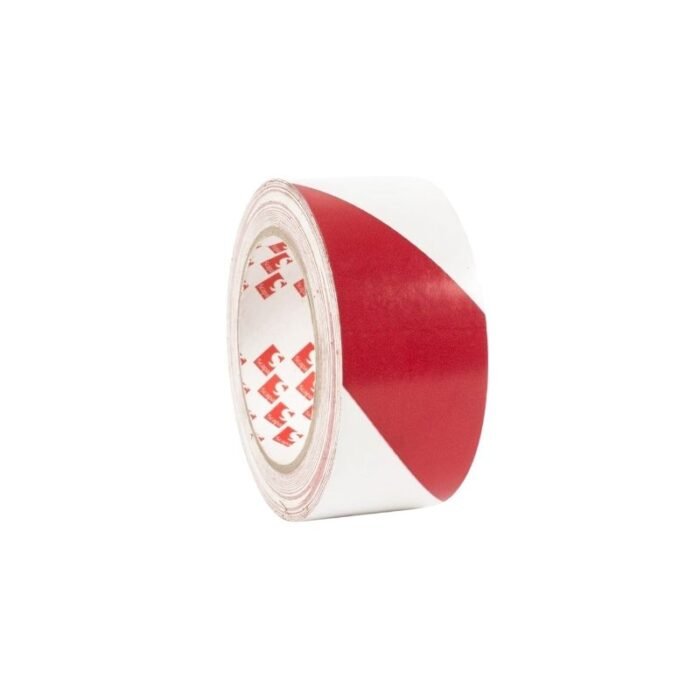 Cinta de demarcación blanco y rojo 50mm x 33 metros, para advertencias visuales en zonas de riesgo, disponible en Fullcintas Chile.