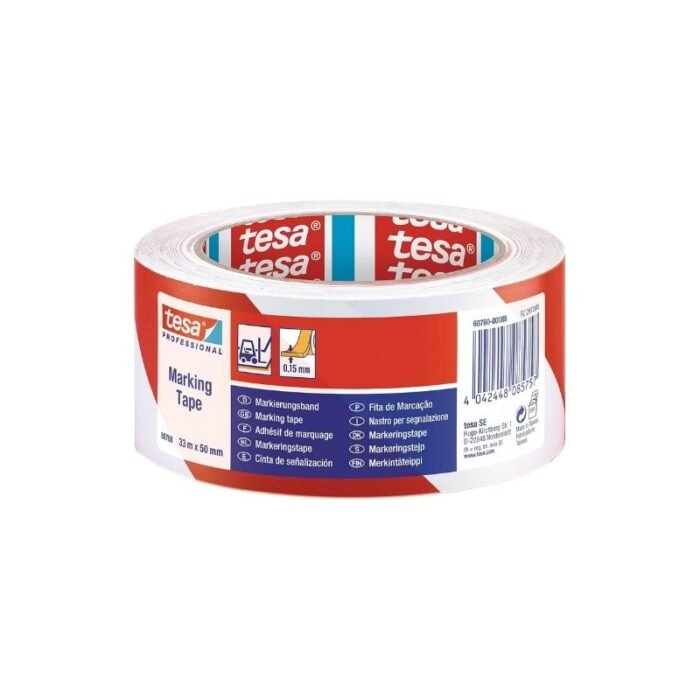 Cinta de demarcación rojo y blanco TESA 50mm x 33 metros, para advertencias de seguridad visibles, disponible en Fullcintas Chile.