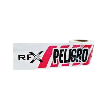 Cinta de señalización Peligro RFX roja y blanca 13,5cm x 350 metros, ideal para delimitar zonas de riesgo, disponible en Fullcintas Chile.